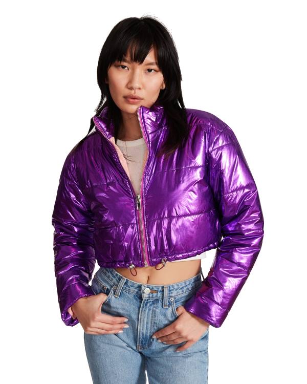 Steve Madden Cropped Metallic Puffer Ceket Kadın Mor | SM-128MJ