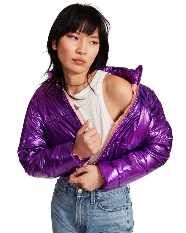 Steve Madden Cropped Metallic Puffer Ceket Kadın Mor | SM-128MJ