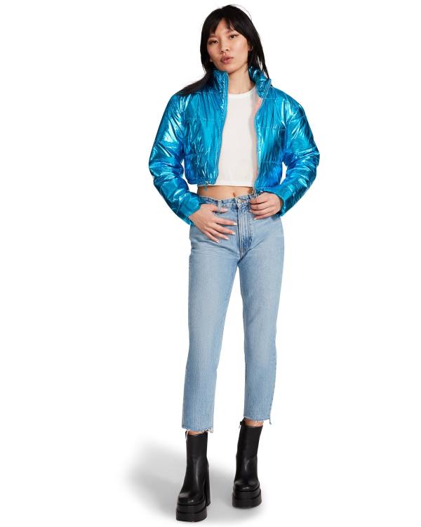 Steve Madden Cropped Metallic Puffer Ceket Kadın Mavi | SM-138VX