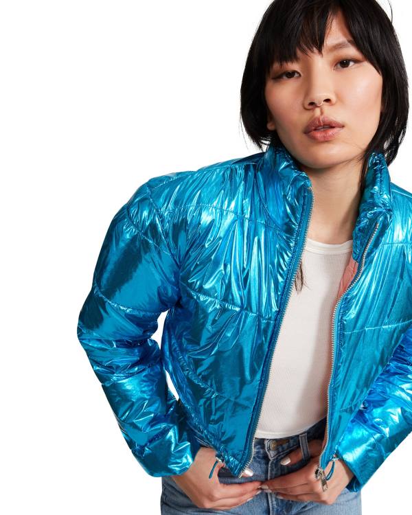 Steve Madden Cropped Metallic Puffer Ceket Kadın Mavi | SM-138VX