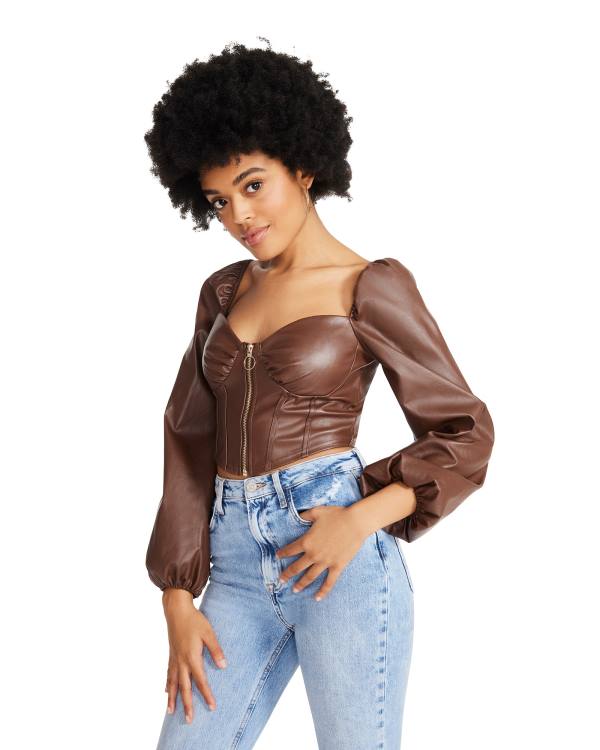 Steve Madden Long Sleeve Faux Deri Corset Üstler Kadın Kahverengi | SM-518GF