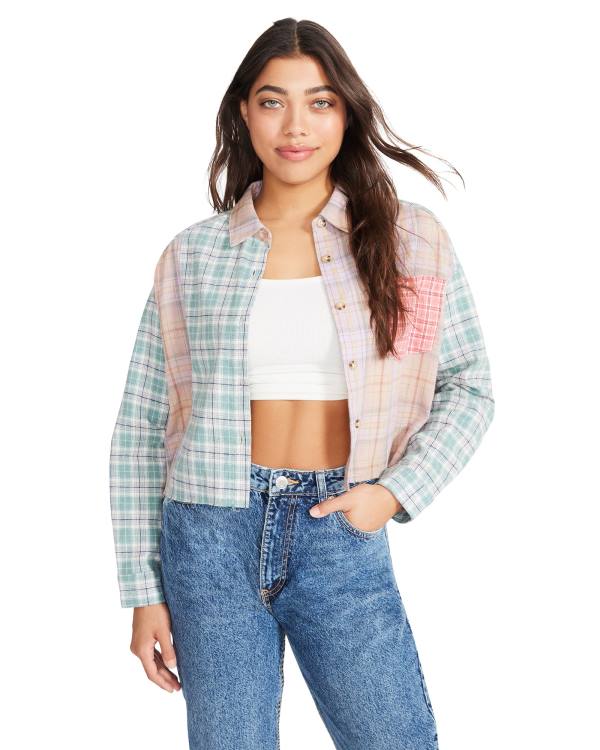 Steve Madden Mixed Plaid Button Down Üstler Kadın Pembe Renkli | SM-960UD