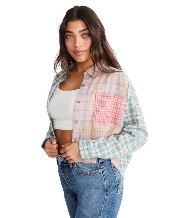 Steve Madden Mixed Plaid Button Down Üstler Kadın Pembe Renkli | SM-960UD