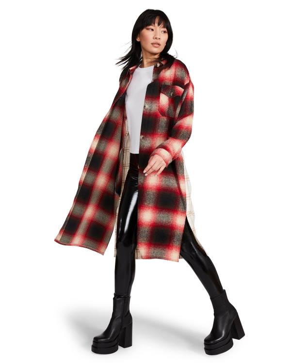 Steve Madden Mixed Plaid Duster Ceket Kadın Kırmızı | SM-652TC