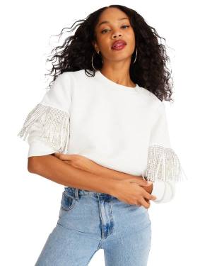 Steve Madden Rhinestone Fringe Crew Neck Üstler Kadın Beyaz | SM-260DO